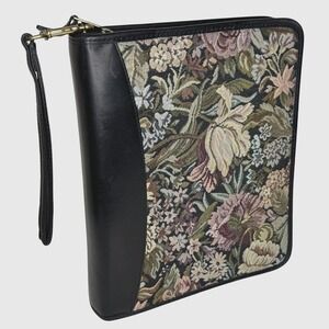 Vintage Franklin Quest Floral Tapestry Leather Zip Planner Binder Organizer